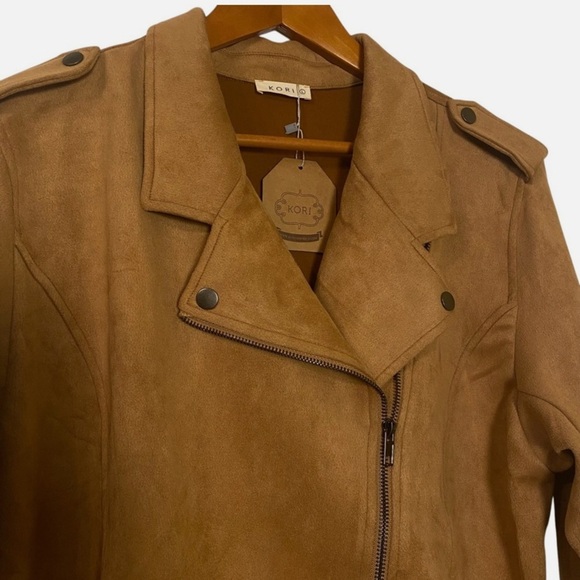 NWT Faux Suede Camel Moto Jacket Zip Belted Biker Style Epaulet Stretch Women L - Picture 4 of 8